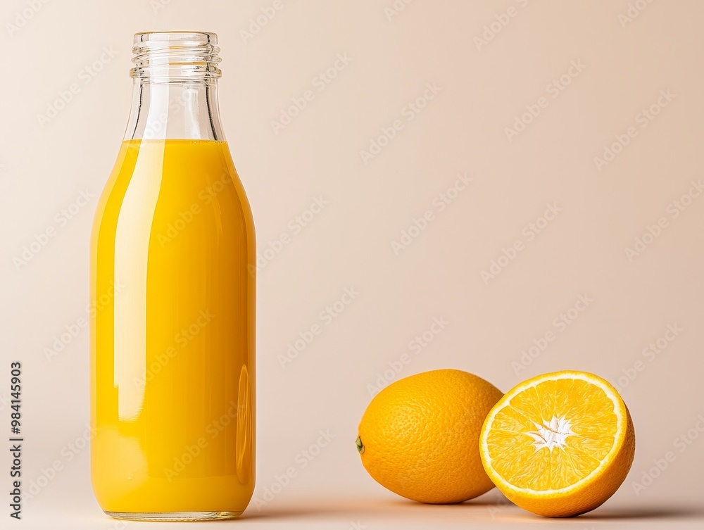 A glass bottle filled with orange juice, next to a whole orange and a half-cut orange. A glass bottle filled with orange juice, next to a whole orange and a half-cut orange.