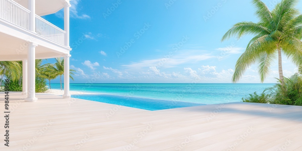 wooden walkway of a resort near sea beach with blue sky and sea on background wooden walkway of a resort near sea beach with blue sky and sea on background