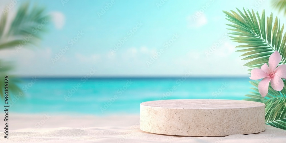 Obraz premium empty podium stage on sea beach with plants, ocean and sky on background
