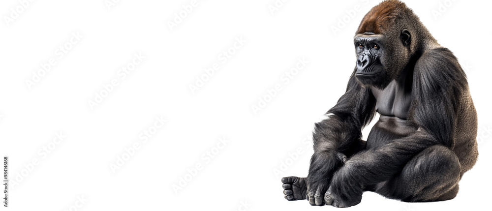 Gorilla sitting on the ground with its hands under it, against a white background Gorilla sitting on the ground with its hands under it, against a white background