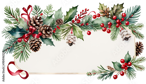 floral ribbon holiday watercolor branch berries garland clip background bells banner olated fir hand cone art pine floral christmas white painted greeting fir vintage card holiday postcard christmas