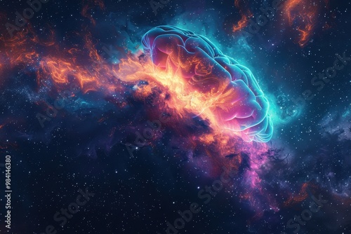 A colorful space scene with a large, glowing brain in the middle