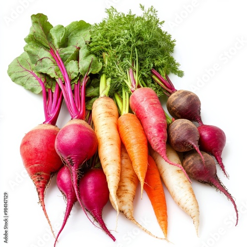 Assorted autumn root vegetables including carrots, beets, and radishes in earthy tones isolated on white background  photo