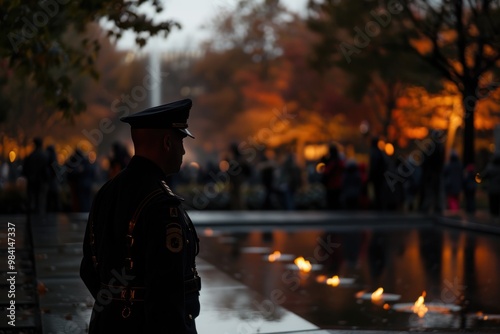 Solemn Honor Guard at Eternal Flame Memorial During Autumn Evening Reflection photo