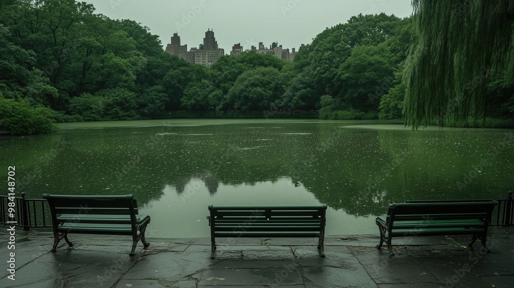 Public park with a large pond and benches generated AI Public park with a large pond and benches generated AI