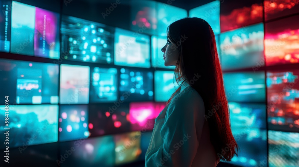 A woman surrounded by digital screens and holograms symbolizing the depth of knowledge in the age of AI