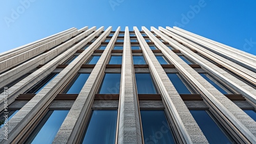 rectangular building made of concrete with a carved wood pattern.