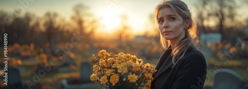 A solemn woman stands in a cemetery at sunset, holding a bouquet of flowers, reflecting on lost moments and memories.