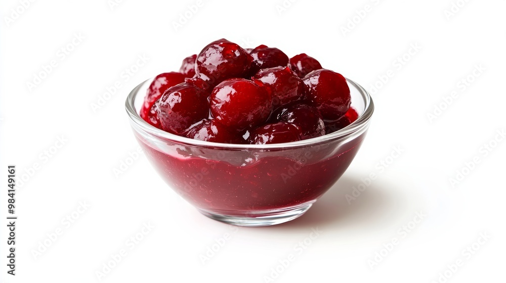 Cranberry sauce with whole berries in a small glass bowl isolated on white background vibrant Thanksgiving condiment with bold colors Cranberry sauce with whole berries in a small glass bowl isolated on white background vibrant Thanksgiving condiment with bold colors