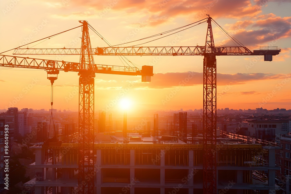 Cranes at sunset over a construction site in an urban environment
