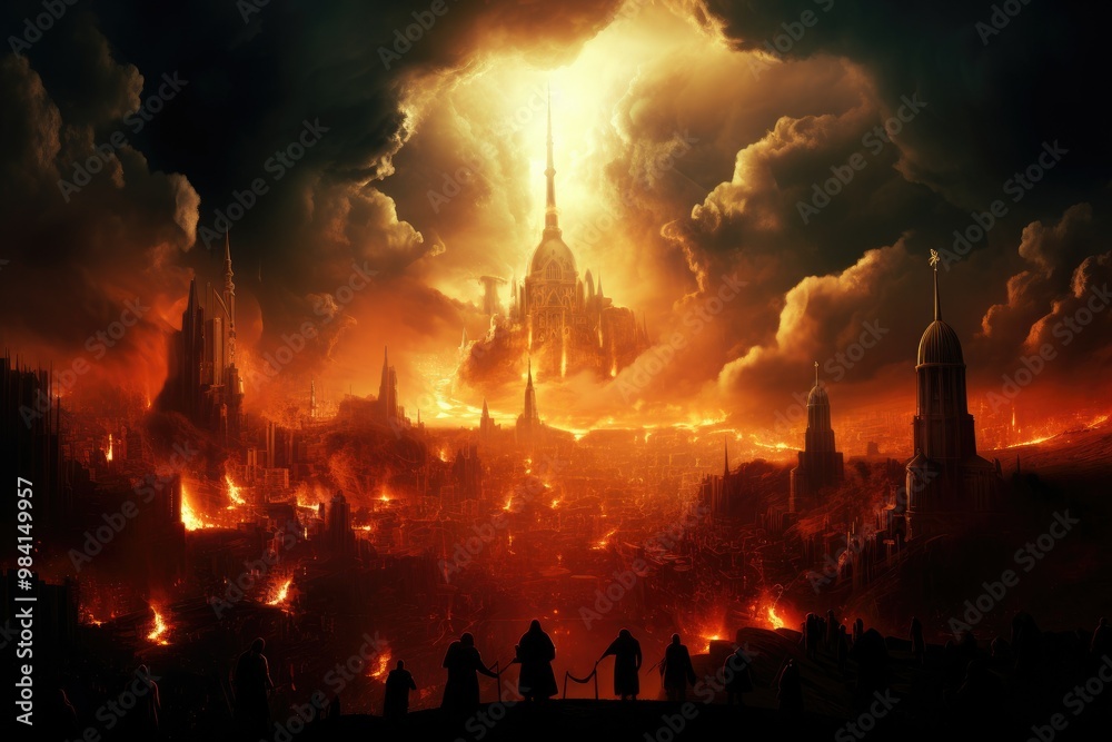 custom made wallpaper toronto digital A dark fantasy city of fire and lava, with spires reaching into the sky, burning under black clouds. In front is an army standing in formation, ready for battle.