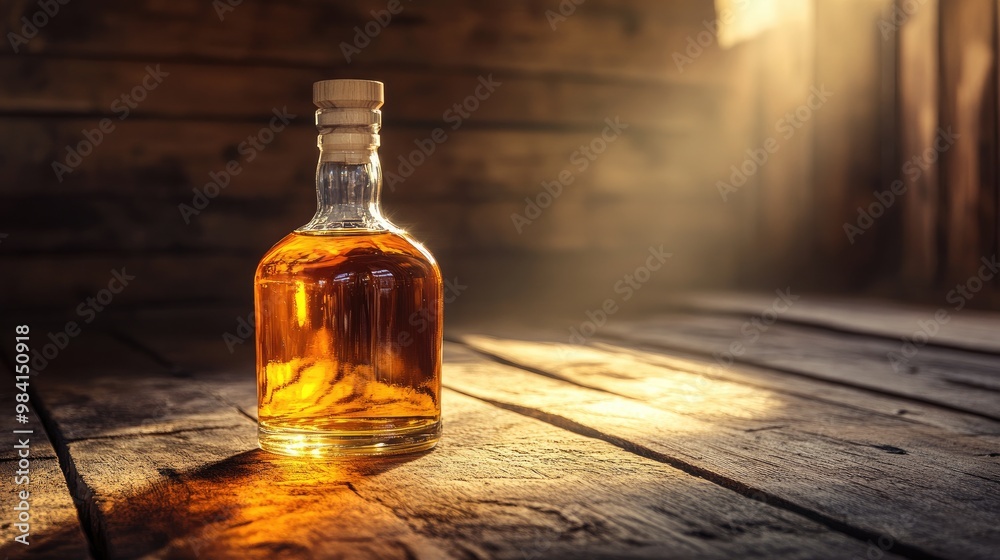 A bottle of golden bourbon standing on a rustic wooden table, bathed in warm light A bottle of golden bourbon standing on a rustic wooden table, bathed in warm light