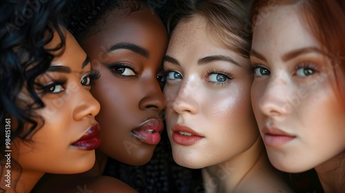 Group portrait of six beautiful ladies of different appearance, skin type