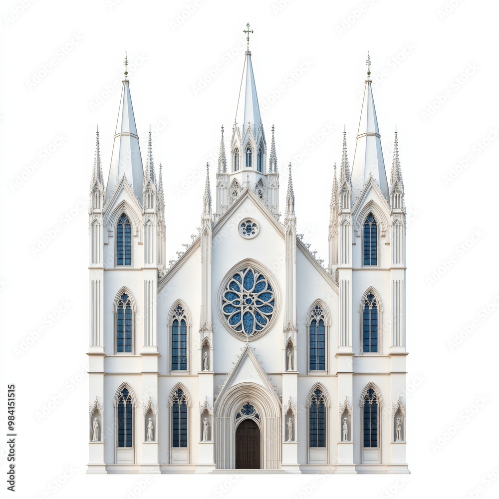 Fototapeta premium Elaborate cathedral-style church with flying buttresses and rose window in classic Gothic design isolated on white background 