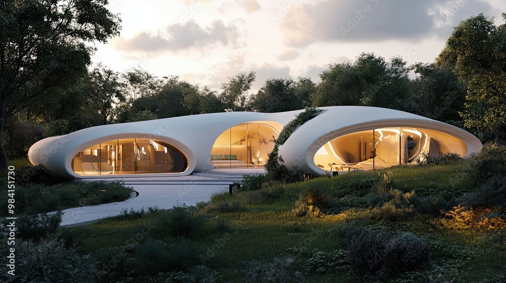 Futuristic, Curvy White House in a Forest Setting at Dusk Futuristic, Curvy White House in a Forest Setting at Dusk