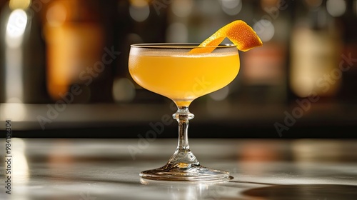 A golden bourbon cocktail with a slice of citrus, garnished with a twist of orange peel