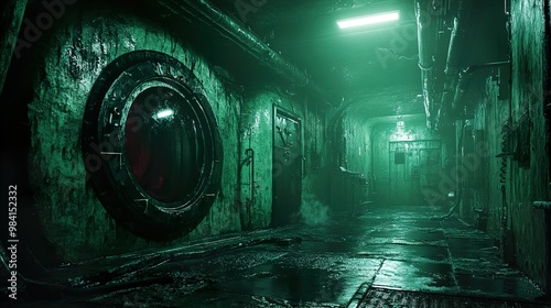 Eerie Green Corridor in an Abandoned Industrial Building