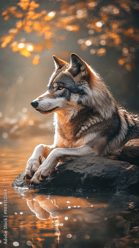 Obraz premium Wolf an iconic apex predator, embodies both grace and ferocity. With its sleek fur, keen senses, and haunting howl, the wolf roams the forests and plains in packs, displaying remarkable.