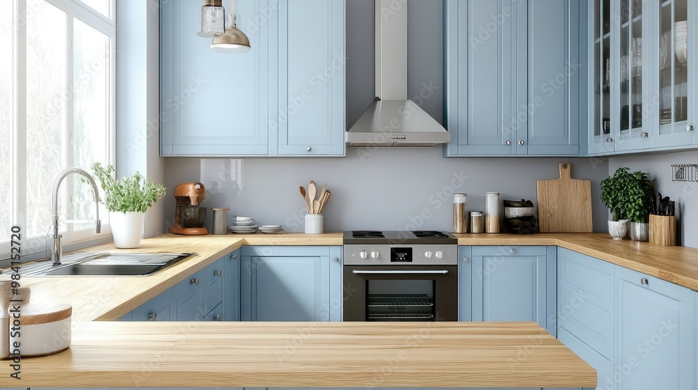 Fototapeta premium A kitchen featuring light blue cabinets with natural wood countertops and silver hardware