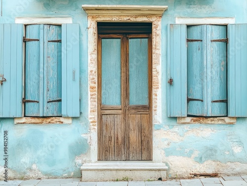 A historical building featuring light blue painted doors and shutters with rustic wood accents photo