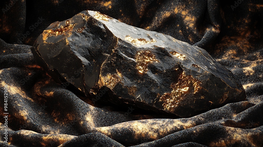 A large, dark rock with golden flecks, resting on a textured fabric backdrop. A large, dark rock with golden flecks, resting on a textured fabric backdrop.