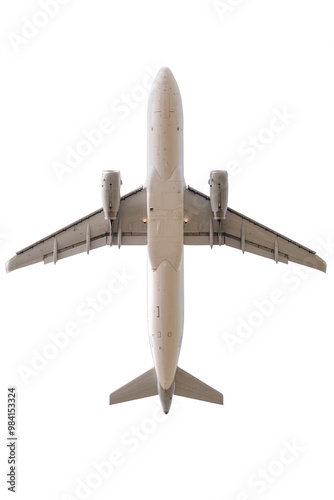 Airplane in flight photographed from below, isolated