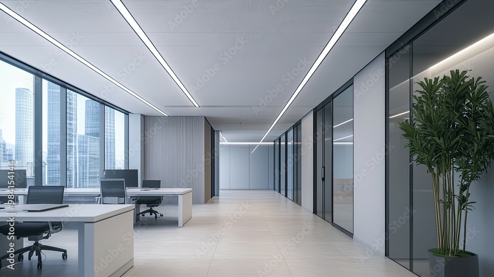 Modern Office Interior with City View and Glass Doors Modern Office Interior with City View and Glass Doors