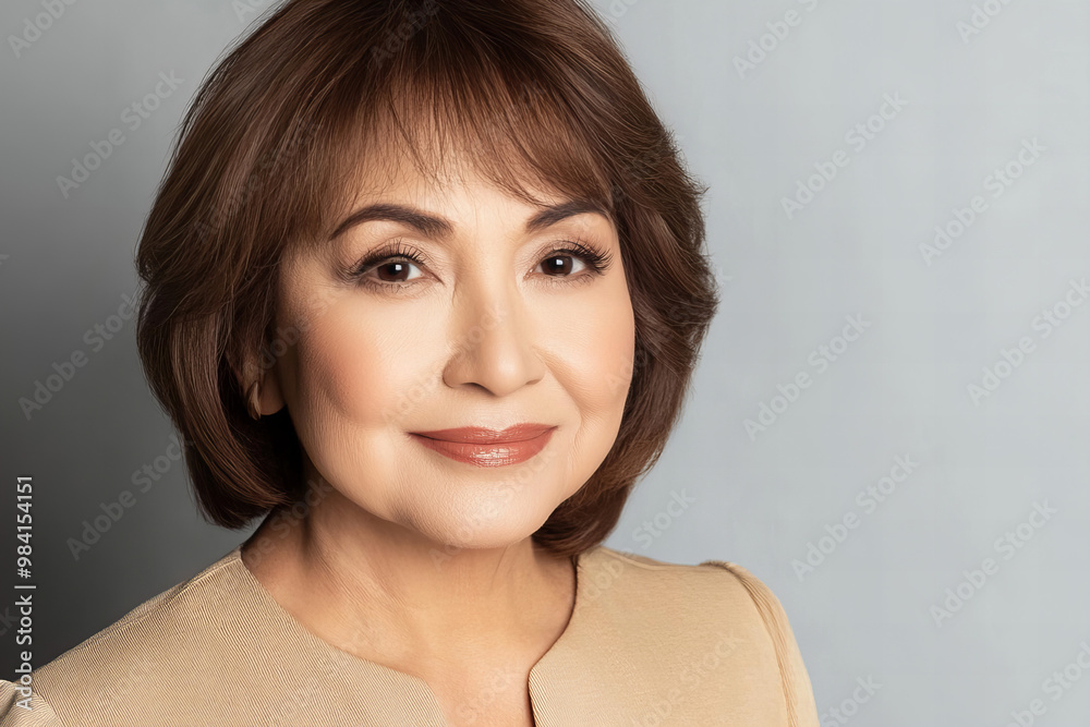 Professional Portrait of a Middle-Aged Hispanic Woman with a Warm Smile, Capturing Confidence and Elegance for Corporate and Business Profiles, Perfect for Leadership, Executive Roles Professional Portrait of a Middle-Aged Hispanic Woman with a Warm Smile, Capturing Confidence and Elegance for Corporate and Business Profiles, Perfect for Leadership, Executive Roles
