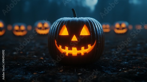 Glowing Jack-O'-Lanterns in Dark Spooky Field
