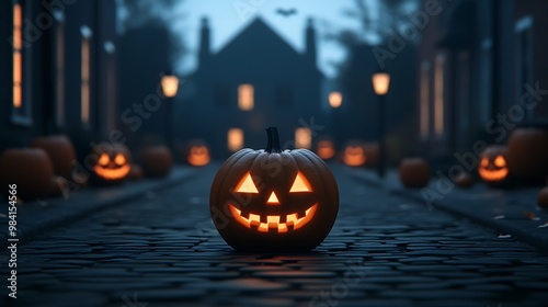 Spooky Jack-O'-Lanterns Lining Dark Street
