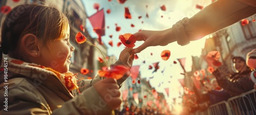 Heartwarming Armistice Day Parade: Child Giving Poppy Flower to Veteran Amid Cheering Crowd