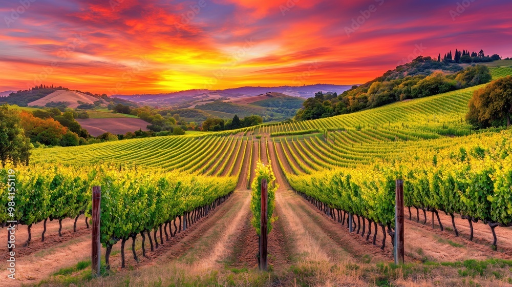 Fototapeta premium Sunset over a vineyard with rows of grapevines generated AI