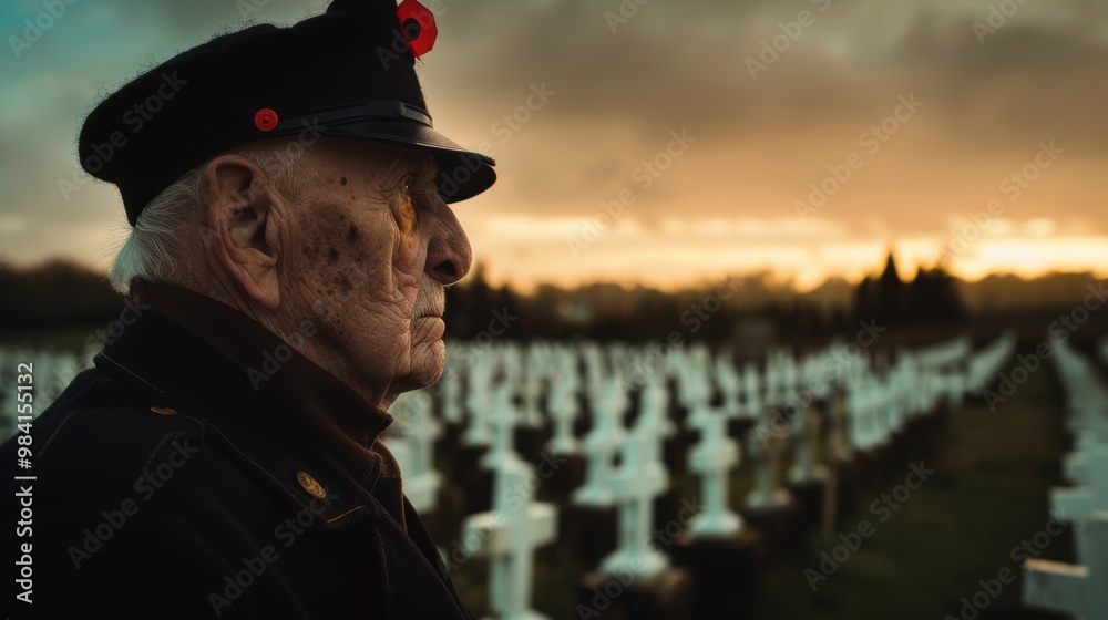 Somber Reflection of a Veteran in a War Cemetery During Dusk with White Crosses Somber Reflection of a Veteran in a War Cemetery During Dusk with White Crosses