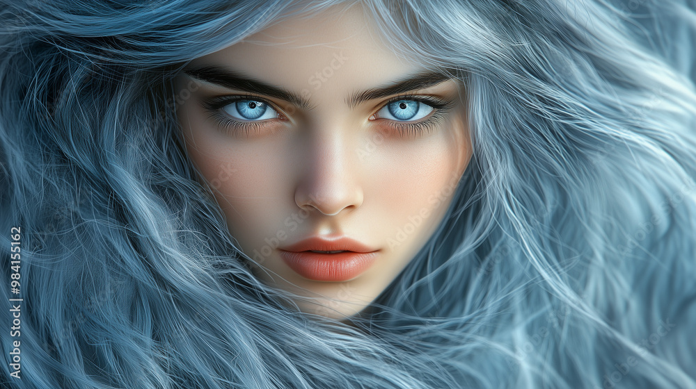 Close-up portrait of a futuristic young woman with glowing blue eyes Close-up portrait of a futuristic young woman with glowing blue eyes