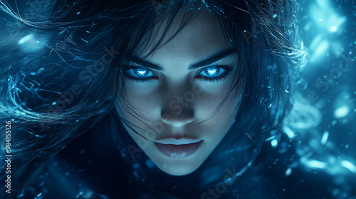 Portrait of a cyborg woman with blue glowing eyes