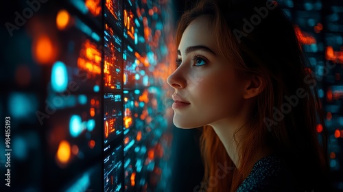 A woman surrounded by digital screens and holograms symbolizing the depth of knowledge in the age of AI