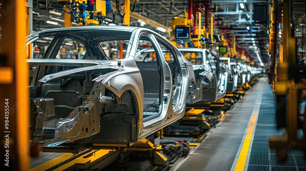 An automotive industry assembly line, with cars being manufactured efficiently by machines and workers An automotive industry assembly line, with cars being manufactured efficiently by machines and workers