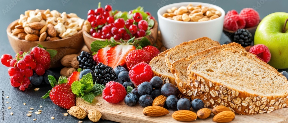 Fresh Fruits and Nuts on Wooden Board with Bread Slices Fresh Fruits and Nuts on Wooden Board with Bread Slices