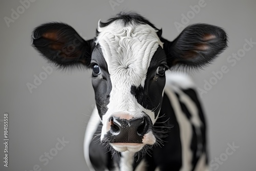 Adorable Close-Up of Young Black and White Calf for Farm Animal Posters or Educational Materials photo