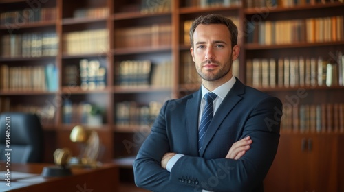  lawyer in a professional office setting, dressed in a suit, with a confident and authoritative demeanor