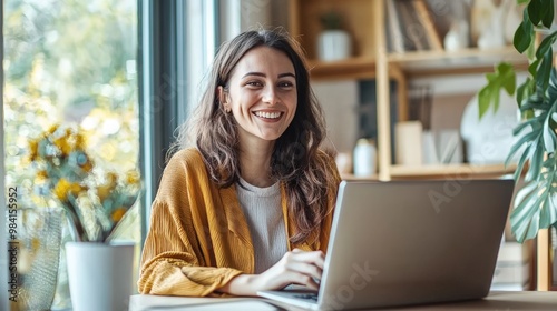 Young Woman on Video Call in Stylish Home Office with Modern Decor and Natural Light for Professional Use