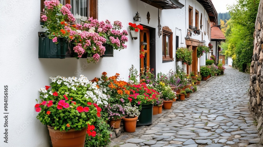 Village pub with outdoor seating and blooming flowers generated AI Village pub with outdoor seating and blooming flowers generated AI