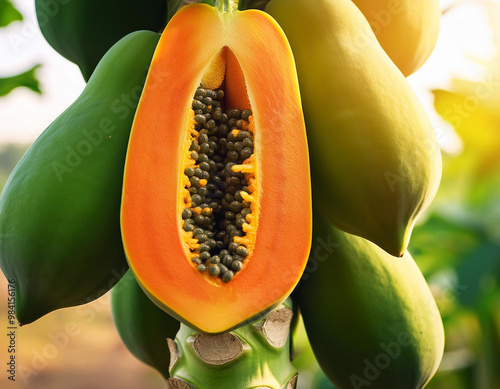 Papaya fruits on the branch.  photo