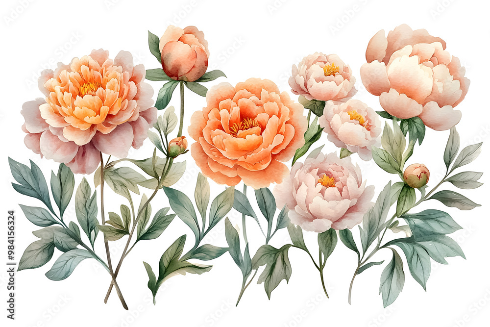 Fototapeta premium Set of Sweet pink peonies flower ,Watercolor collection of hand drawn flowers, Botanical plant illustration on white background.[Z-0001]