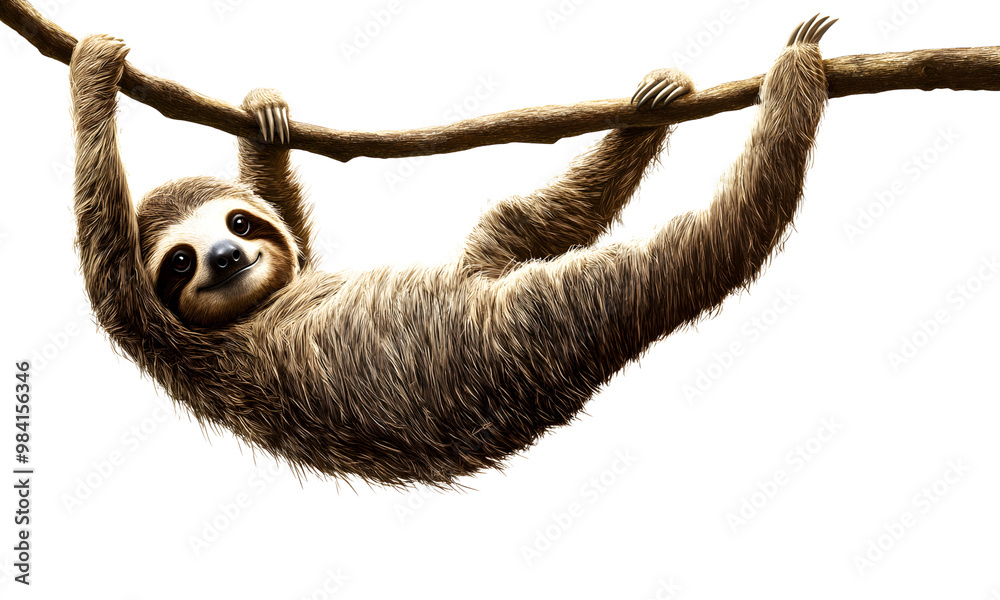 Fototapeta premium Sloth is swinging from a branch, cartoonist, transparent background