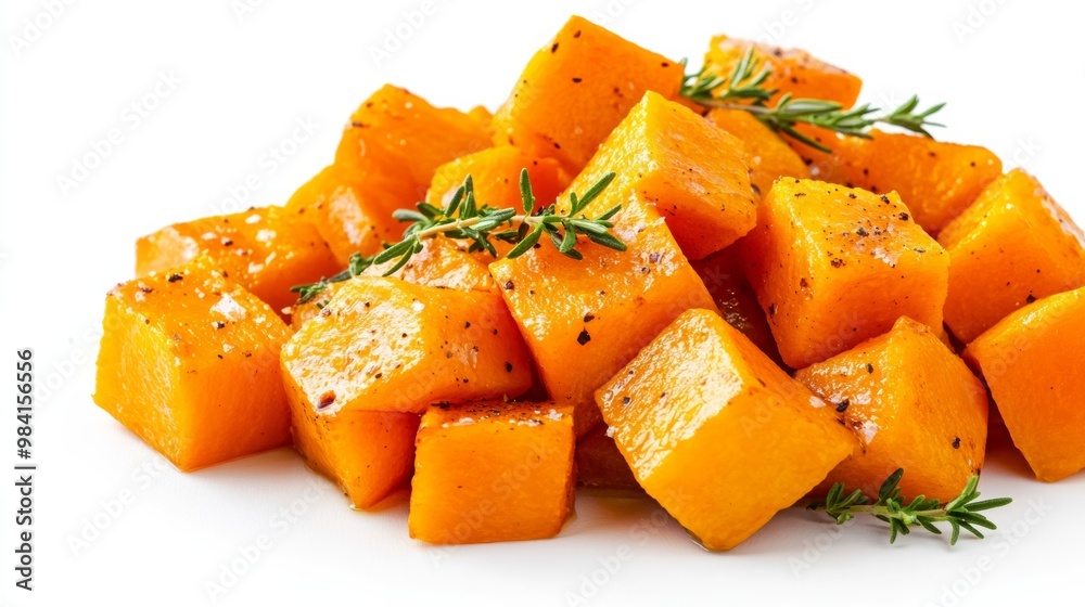 Roasted butternut squash cubes garnished with rosemary and thyme isolated on white background vibrant orange and green tones perfect autumn side dish Roasted butternut squash cubes garnished with rosemary and thyme isolated on white background vibrant orange and green tones perfect autumn side dish