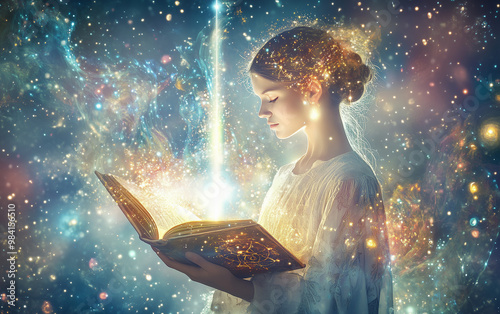 Akashic records,A priestess glowing with bright light stands beneath a pillar of radiant energy above her head, holding an ancient book made of light and energy adorned with glowing symbols.