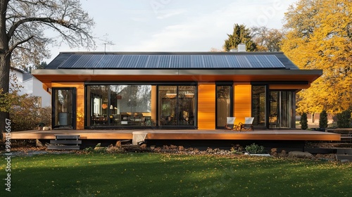Modern Wooden House with Solar Panels and a Patio