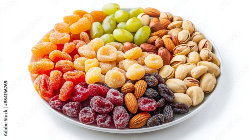 Round tray with an arrangement of dried fruits, nuts, and sweets isolated on a white background Healthy and indulgent iftar treats ready for sharing Round tray with an arrangement of dried fruits, nuts, and sweets isolated on a white background Healthy and indulgent iftar treats ready for sharing