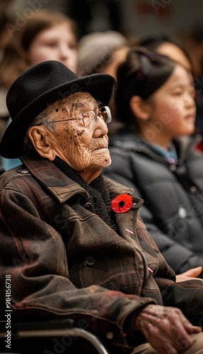 Elderly Veteran with Family at Remembrance Day Event, Wearing Poppy, Reflecting on War Memories